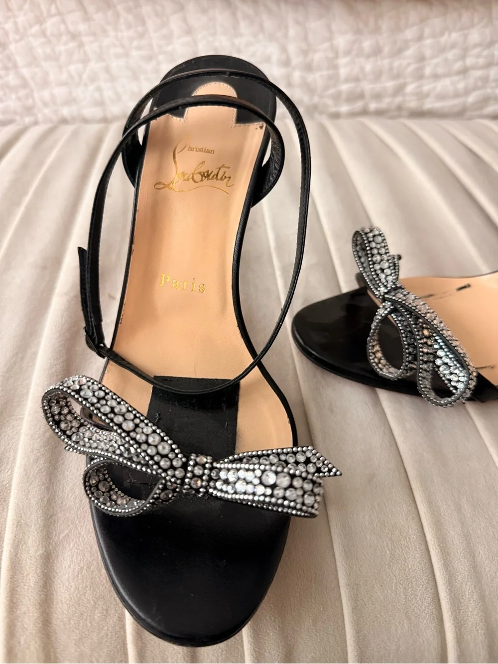 Christian Louboutin Black Satin Crystal Bow Slingback Heels